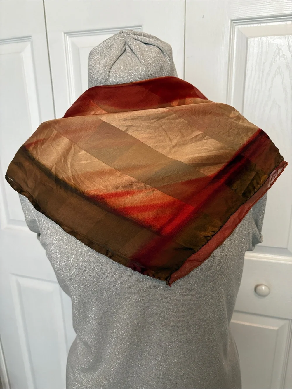 100% Silk Casual Corner Sheer Diagonal Striped Scarf in Red Gold and Brown Tones